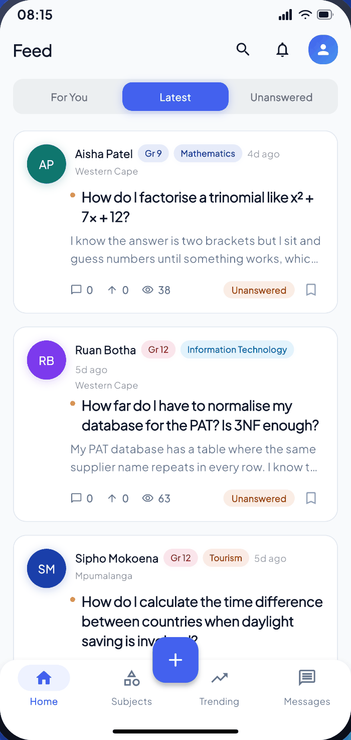 The RaisedHand home feed, showing recent student questions tagged by grade and subject, each with vote and answer counts.