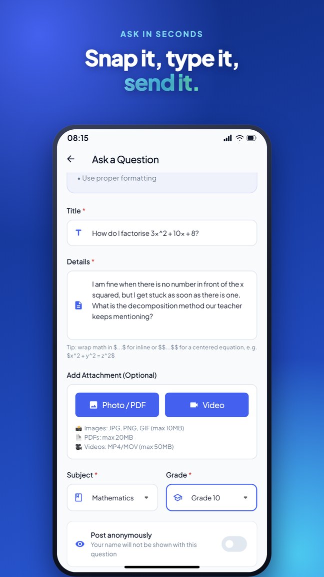 The ask-a-question screen, with fields for the question, grade, subject and attachments.