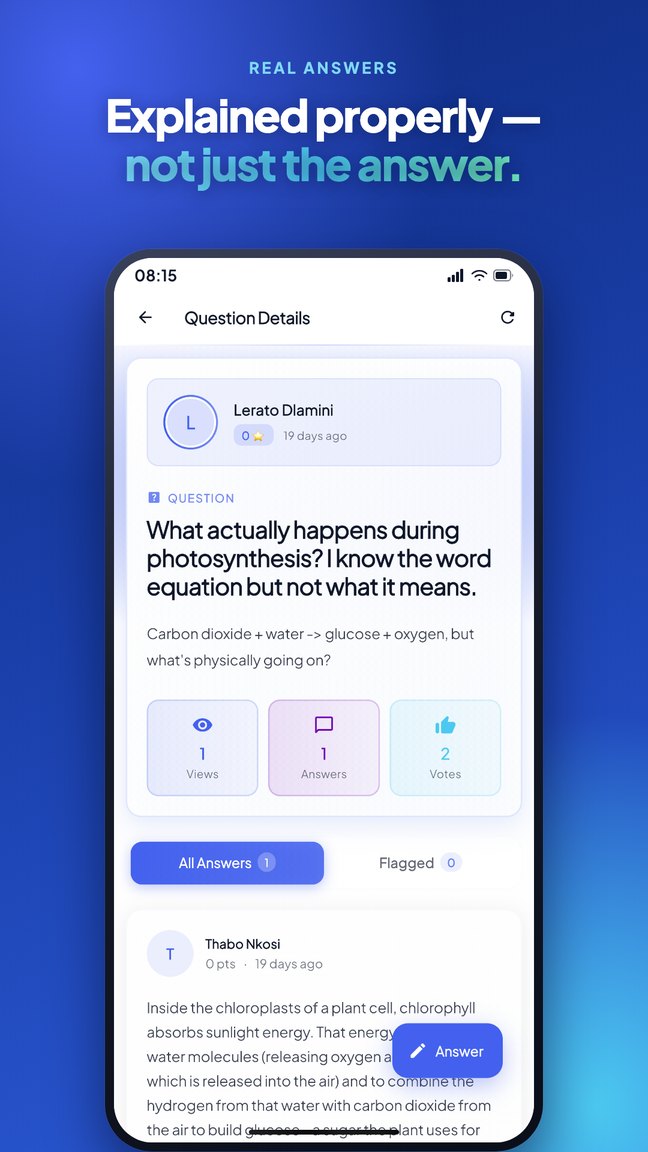 A question thread showing student answers with upvote and downvote controls and a best answer marked.