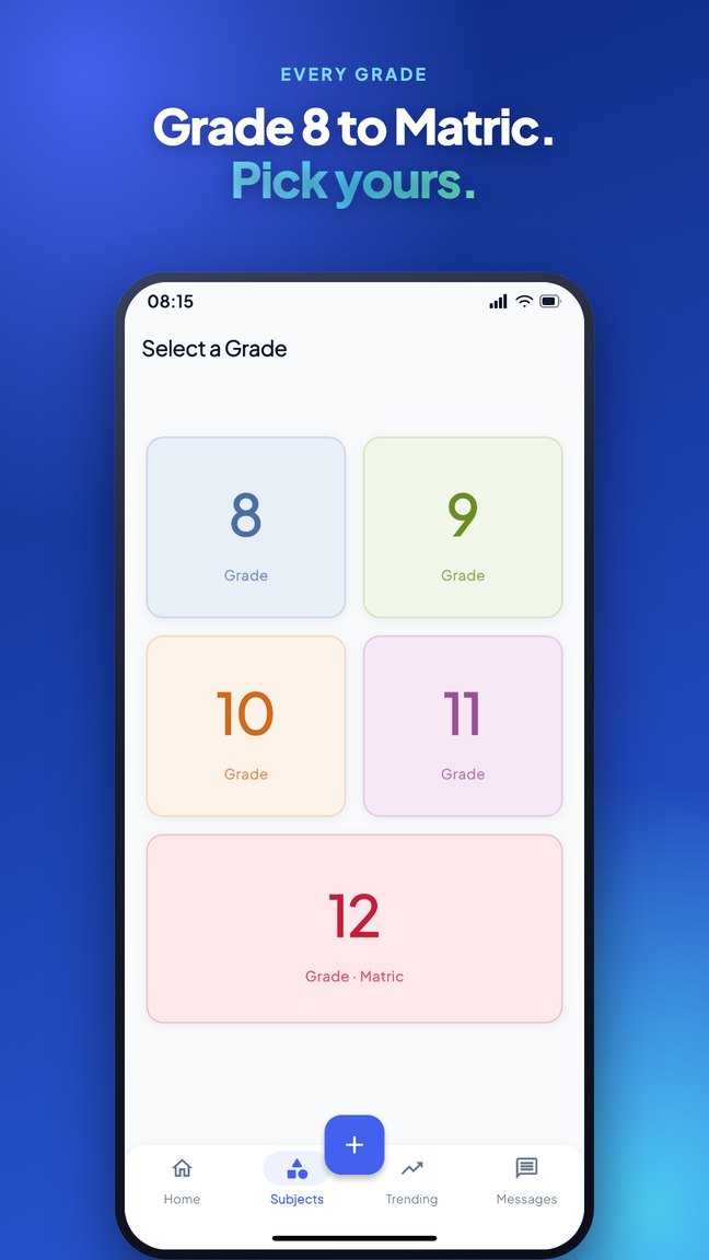 Grade browser showing Grades 8 to 12, each as a card you can tap to see that grade's subjects.