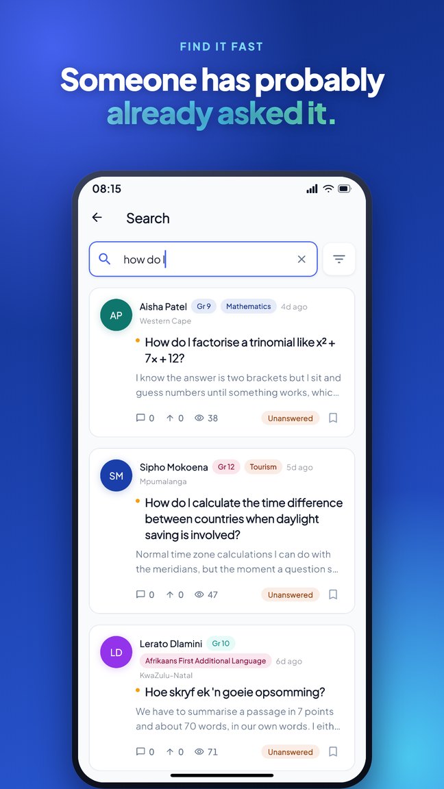 Search results for a topic, listing matching questions from across the community.